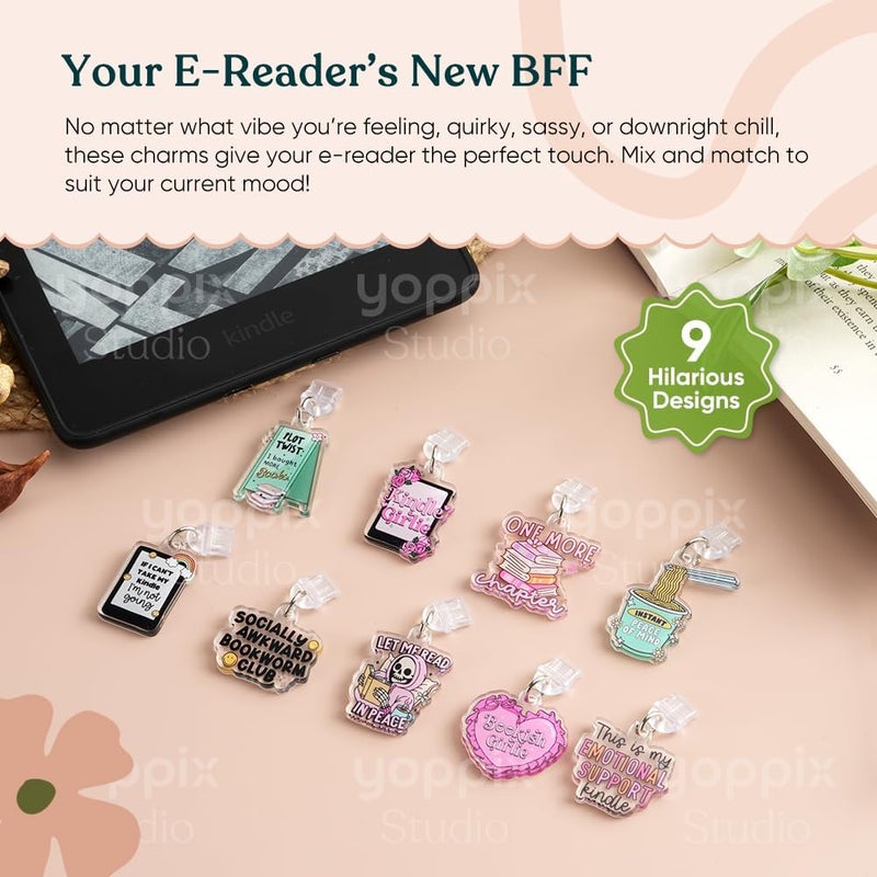 YOPPIX 9PCS Charms for E-Reader, About Funny Theme Dust Plug Charm Compatible with Type C Charging Port, Gift for Book Lover Readers Men Women Teachers Students, Accessories for E-Reader - Image 2